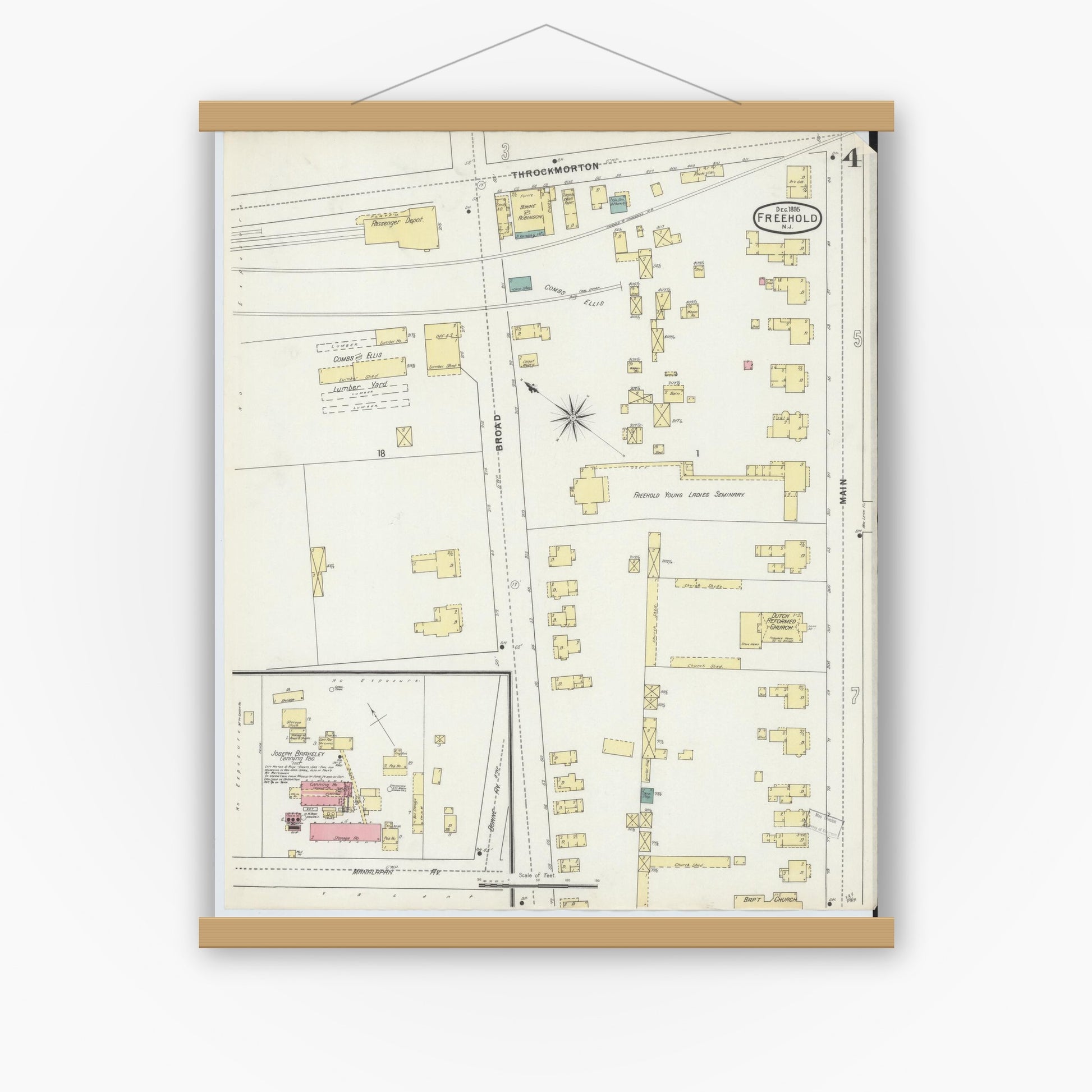 Old map wall art mockup — magnetic wood frame on white wall — Sanborn Fire Insurance Map from Freehold, Monmouth County, New Jersey (1895), Sheet #0004