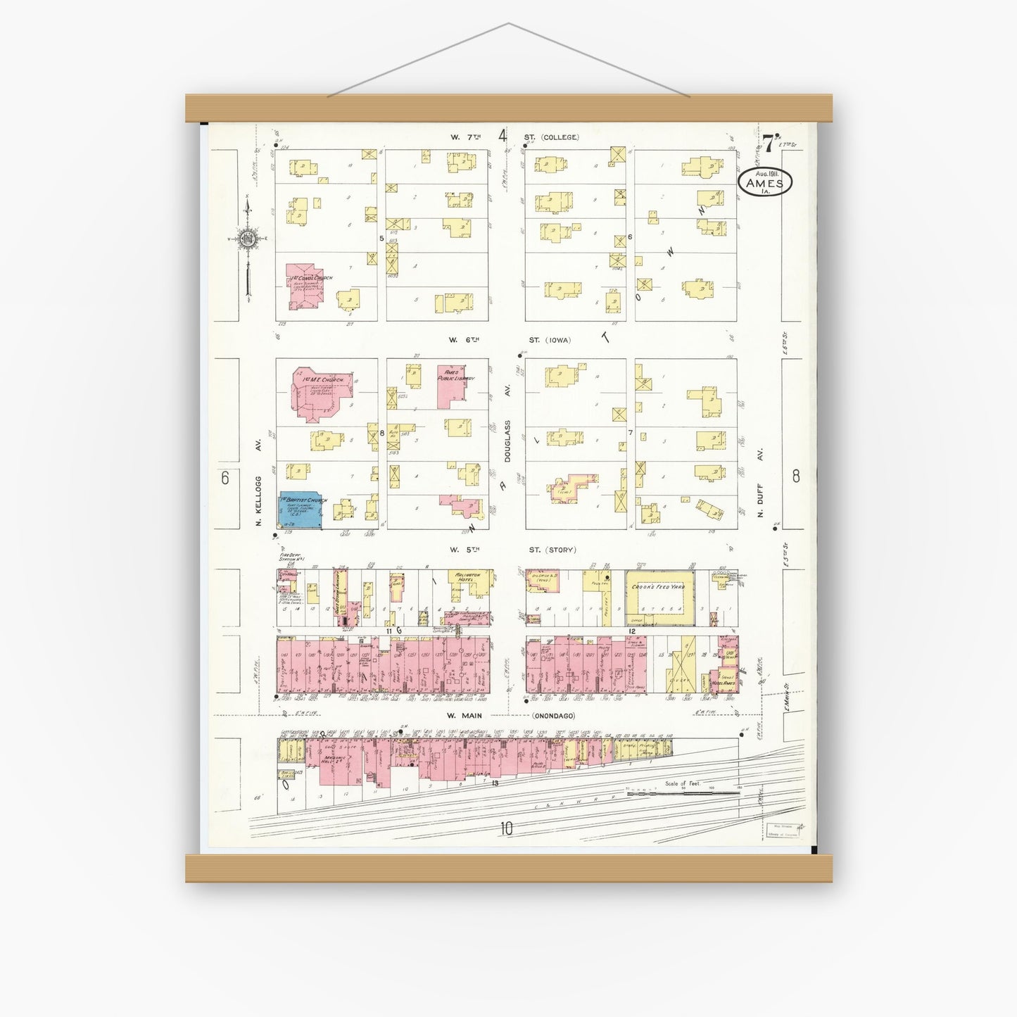 Old map wall art mockup — magnetic wood frame on white wall — Sanborn Fire Insurance Map from Ames, Story County, Iowa (1911), Sheet #0007