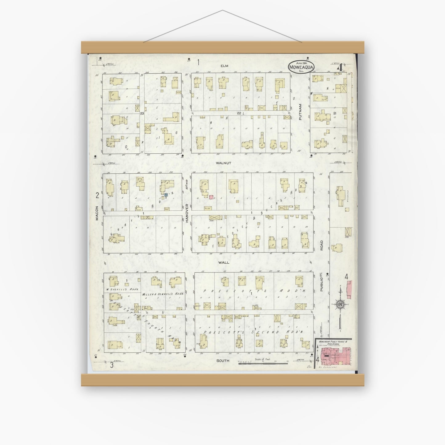 Old map wall art mockup — magnetic wood frame on white wall — Sanborn Fire Insurance Map from Moweaqua, Shelby County, Illinois (1914), Sheet #0004