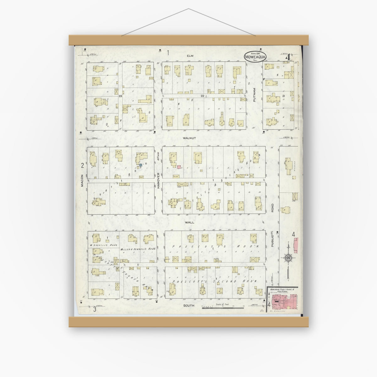 Old map wall art mockup — magnetic wood frame on white wall — Sanborn Fire Insurance Map from Moweaqua, Shelby County, Illinois (1914), Sheet #0004