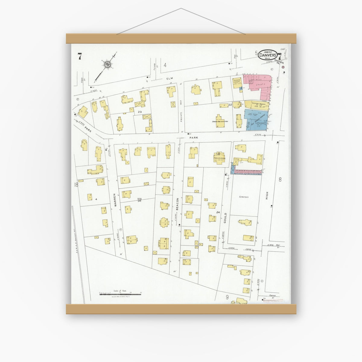 Old map wall art mockup — magnetic wood frame on white wall — Sanborn Fire Insurance Map from Danvers, Essex County, Massachusetts (1927), Sheet #0007