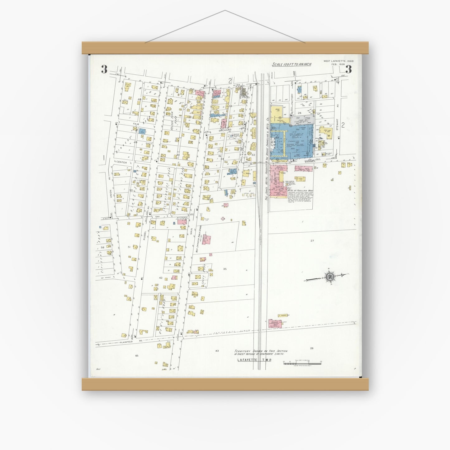 Old map wall art mockup — magnetic wood frame on white wall — Sanborn Fire Insurance Map from West Lafayette, Coshocton County, Ohio (1939), Sheet #0003