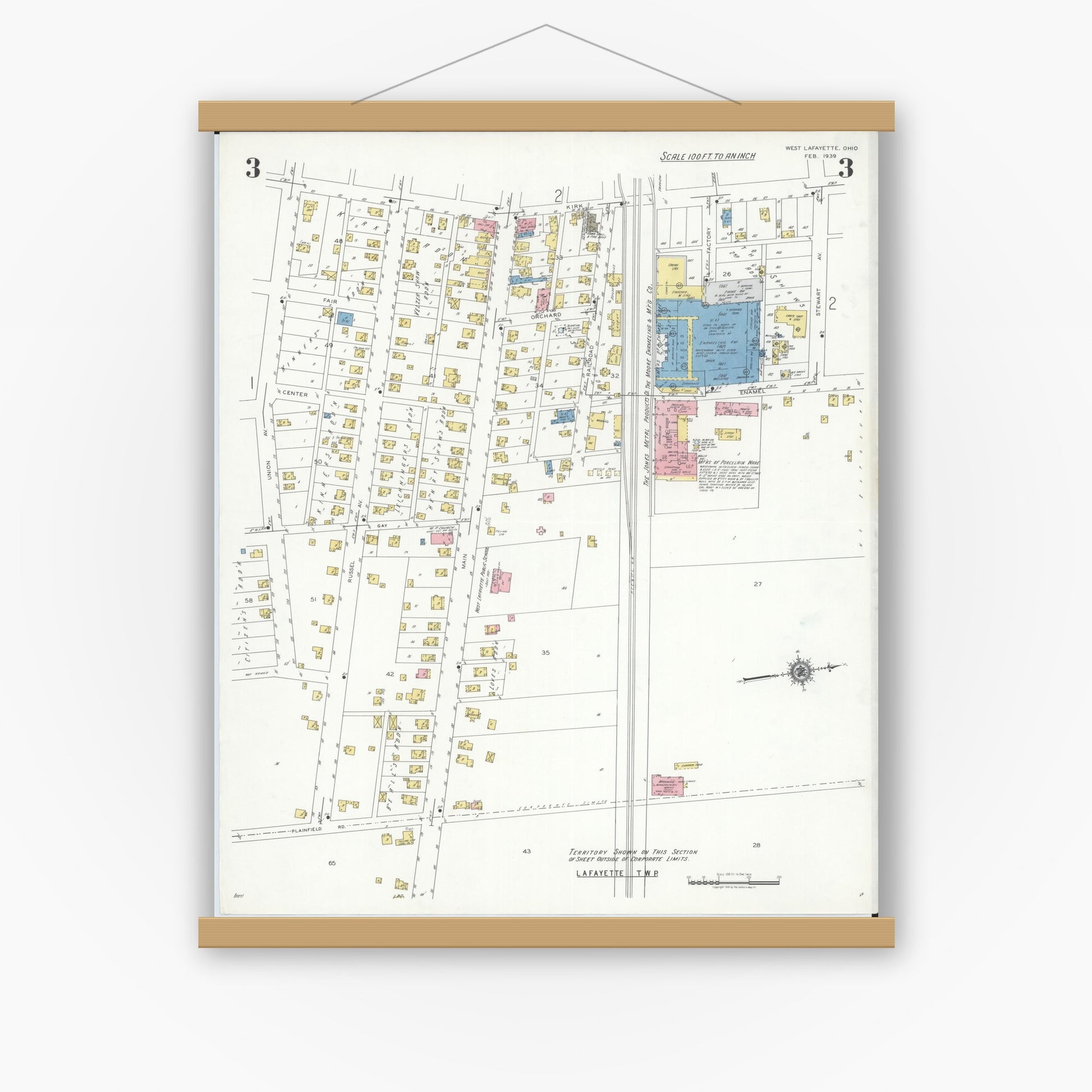 Old map wall art mockup — magnetic wood frame on white wall — Sanborn Fire Insurance Map from West Lafayette, Coshocton County, Ohio (1939), Sheet #0003
