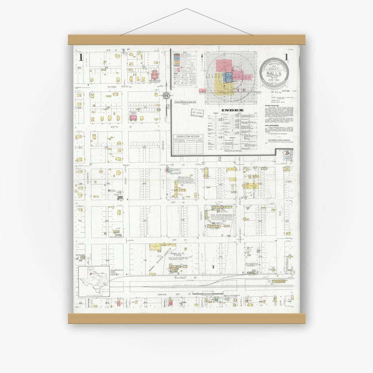 Old map wall art mockup — magnetic wood frame on white wall — Sanborn Fire Insurance Map from Ralls, Crosby County, Texas (1934) - Complete Map Set