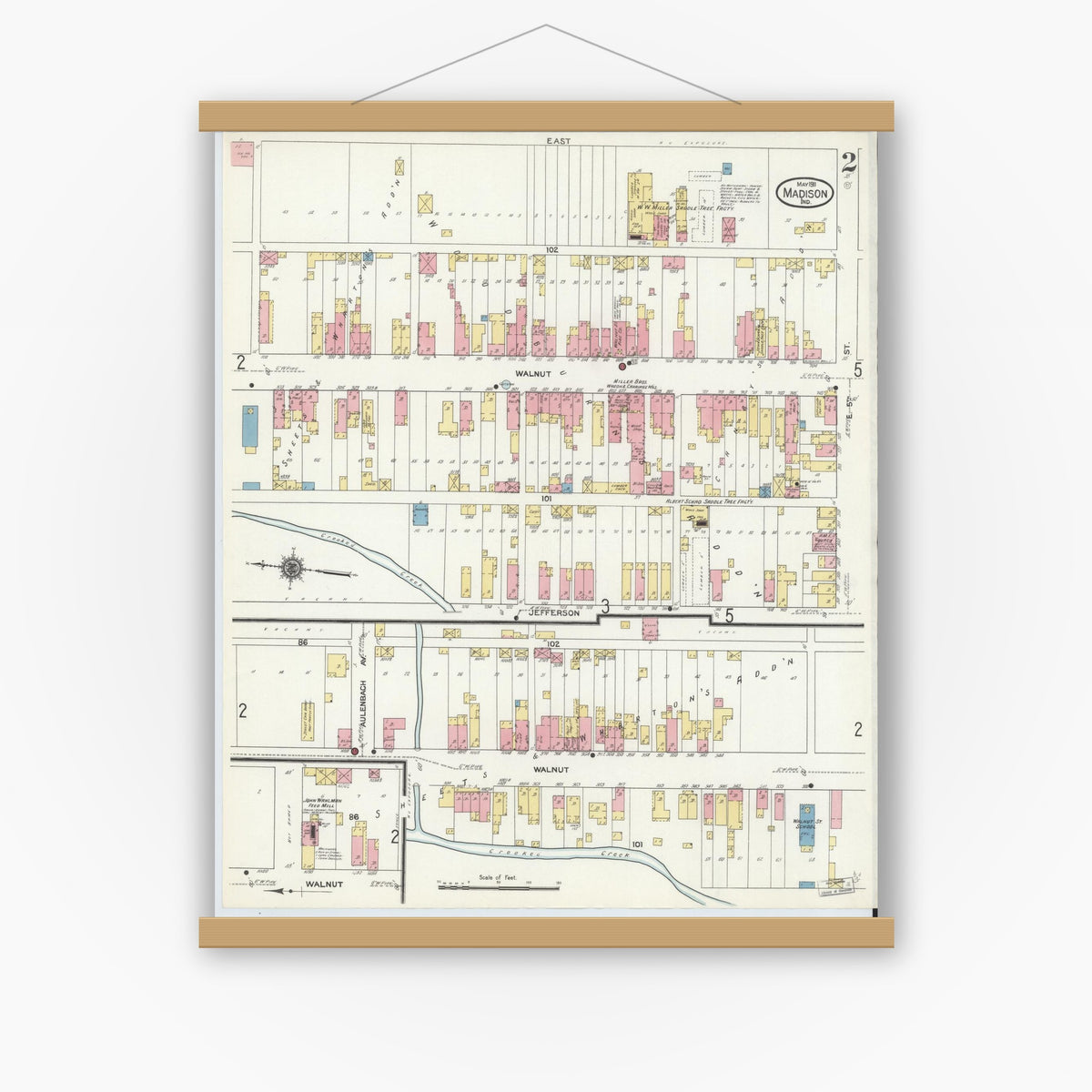 Old map wall art mockup — magnetic wood frame on white wall — Sanborn Fire Insurance Map from Madison, Jefferson County, Indiana (1911), Sheet #0003