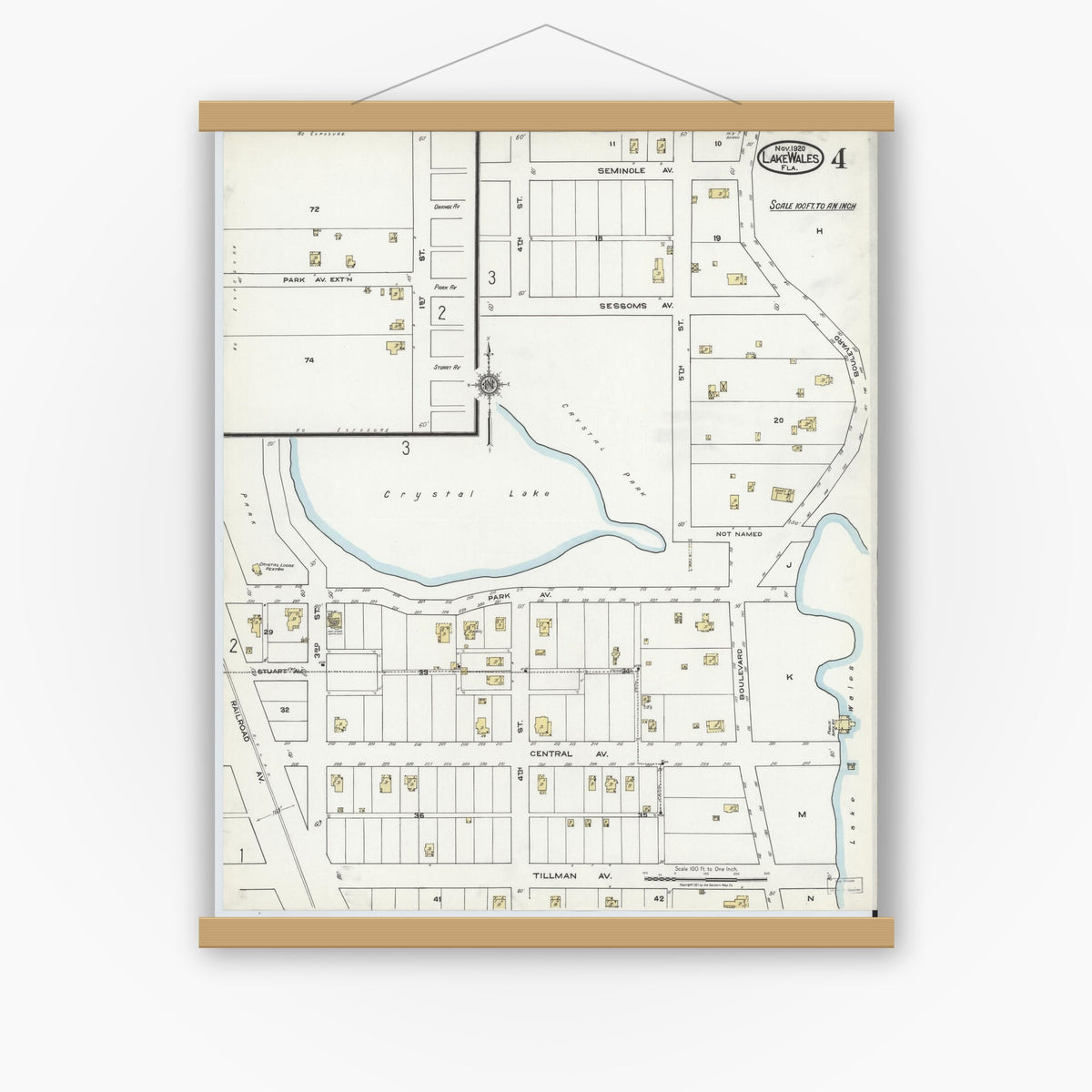 Old map wall art mockup — magnetic wood frame on white wall — Sanborn Fire Insurance Map from Lake Wales, Polk County, Florida (1920), Sheet #0004