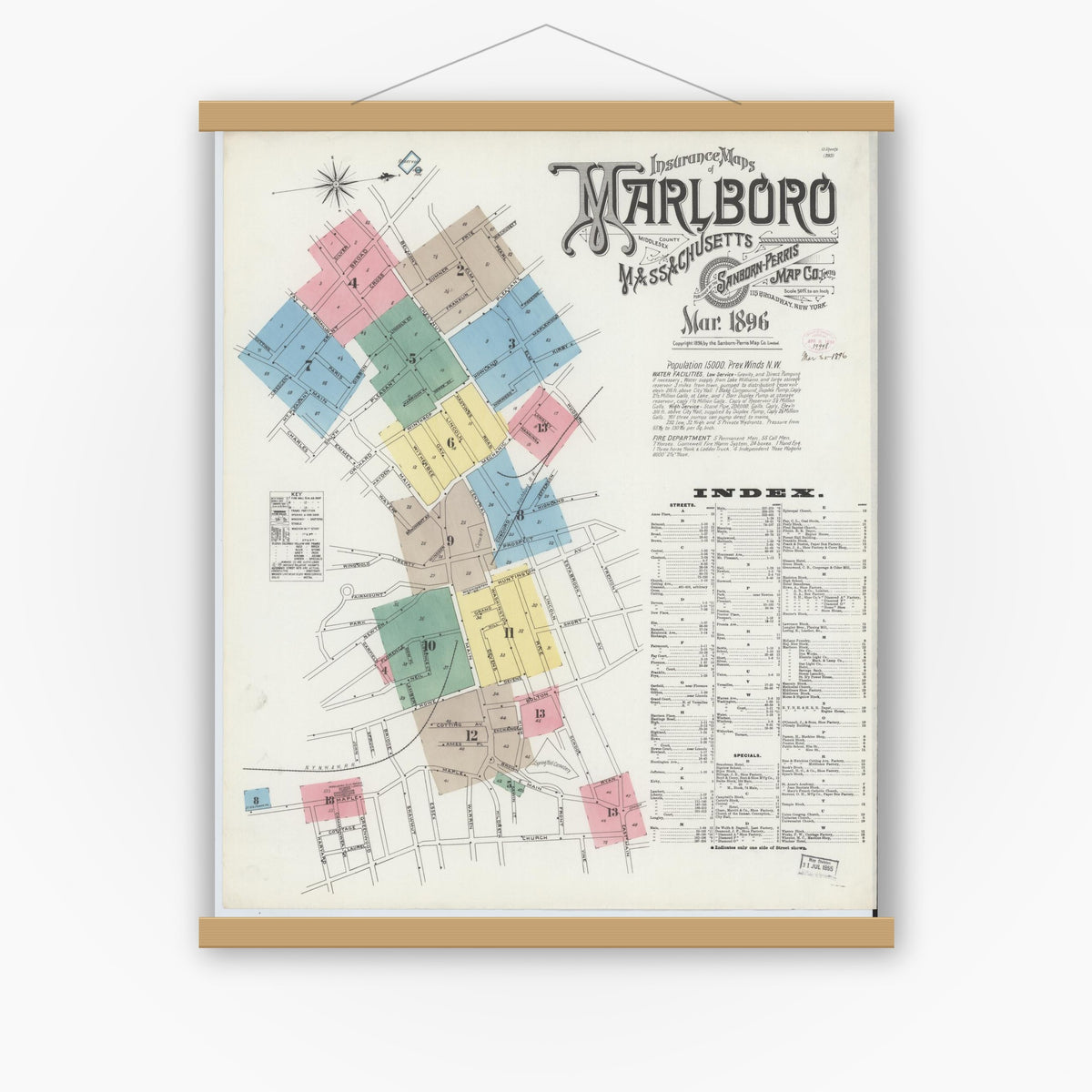 Old map wall art mockup — magnetic wood frame on white wall — Sanborn Fire Insurance Map from Marlborough, Middlesex County, Massachusetts (1896) - Complete Map Set