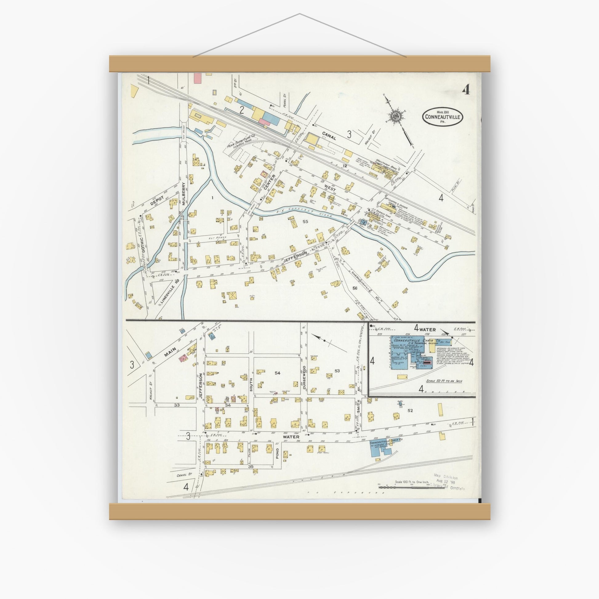 Old map wall art mockup — magnetic wood frame on white wall — Sanborn Fire Insurance Map from Conneautville, Crawford County, Pennsylvania (1911), Sheet #0004