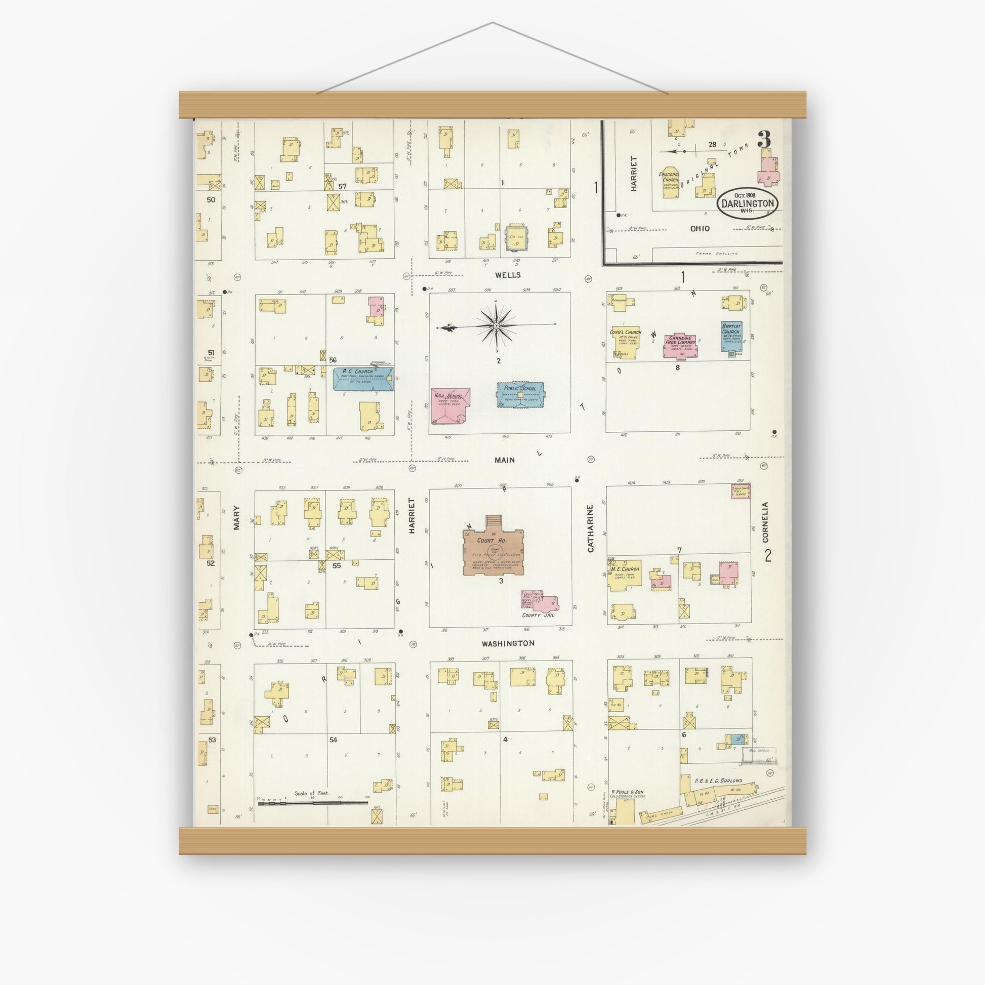 Old map wall art mockup — magnetic wood frame on white wall — Sanborn Fire Insurance Map from Darlington, Lafayette County, Wisconsin (1908), Sheet #0003