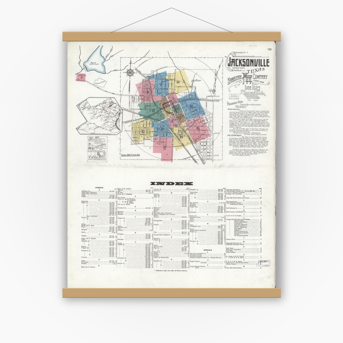 Old map wall art mockup — magnetic wood frame on white wall — Sanborn Fire Insurance Map from Jacksonville, Cherokee County, Texas (1923) - Complete Map Set