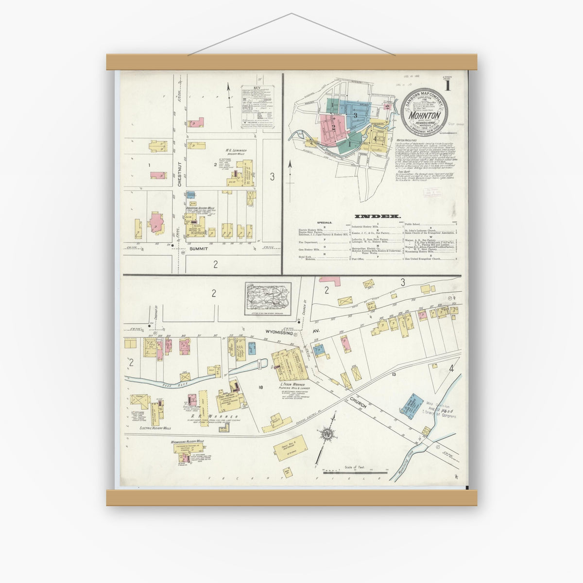 Old map wall art mockup — magnetic wood frame on white wall — Sanborn Fire Insurance Map from Mohnton, Berks County, Pennsylvania (1912), Sheet #0001