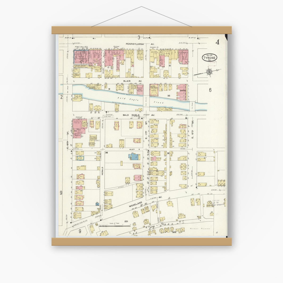Old map wall art mockup — magnetic wood frame on white wall — Sanborn Fire Insurance Map from Tyrone, Blair County, Pennsylvania (1911), Sheet #0004