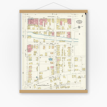 Old map wall art mockup — magnetic wood frame on white wall — Sanborn Fire Insurance Map from Tyrone, Blair County, Pennsylvania (1911), Sheet #0004