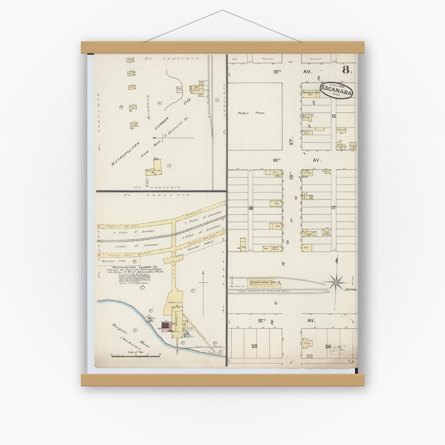 Old map wall art mockup — magnetic wood frame on white wall — Sanborn Fire Insurance Map from Escanaba, Delta County, Michigan (1888), Sheet #0008