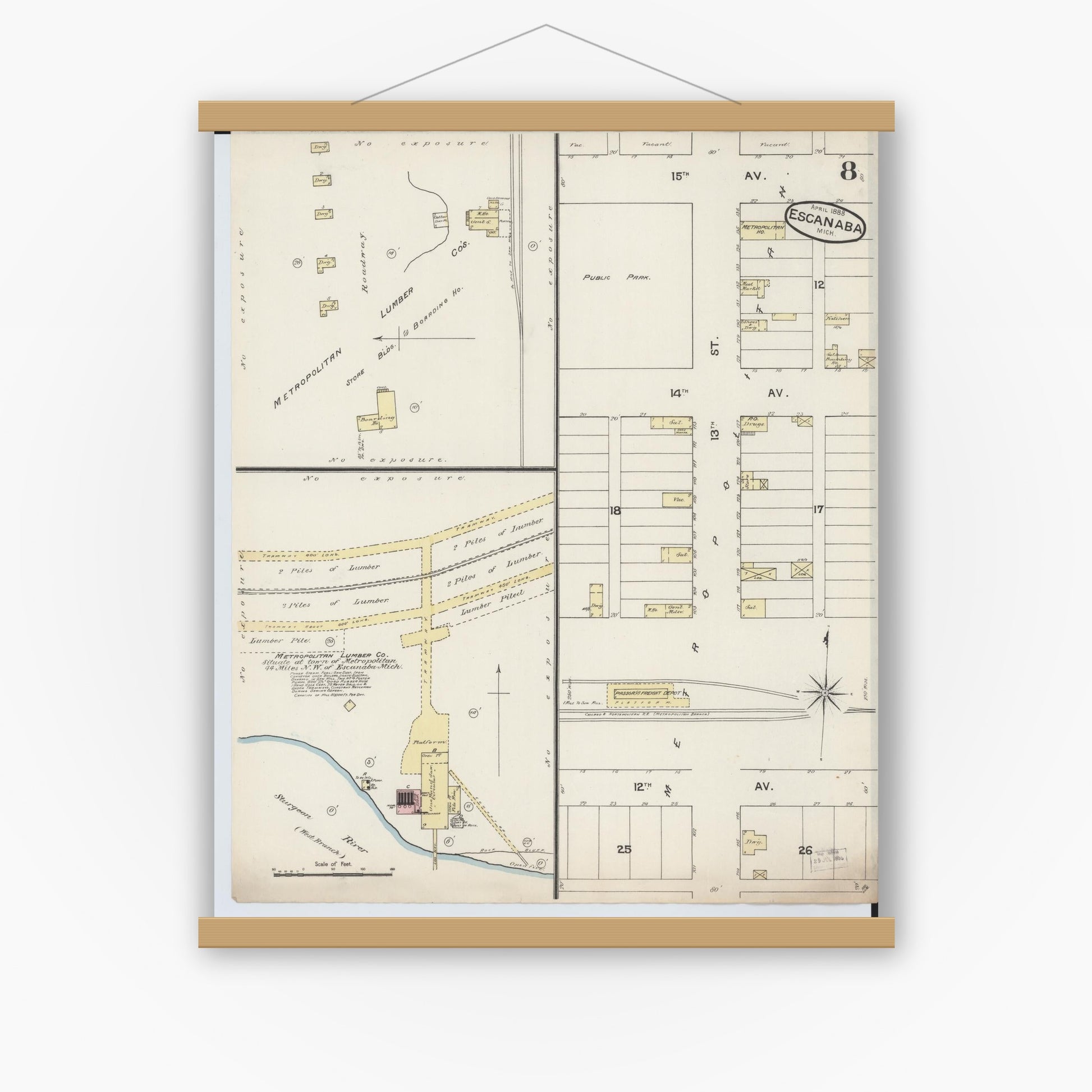 Old map wall art mockup — magnetic wood frame on white wall — Sanborn Fire Insurance Map from Escanaba, Delta County, Michigan (1888), Sheet #0008