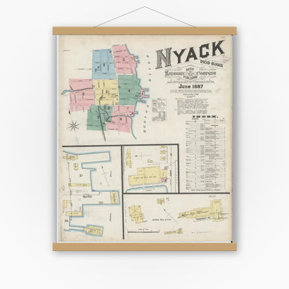 Old map wall art mockup — magnetic wood frame on white wall — Sanborn Fire Insurance Map from Nyack, Rockland County, New York. (1887), Sheet #0000