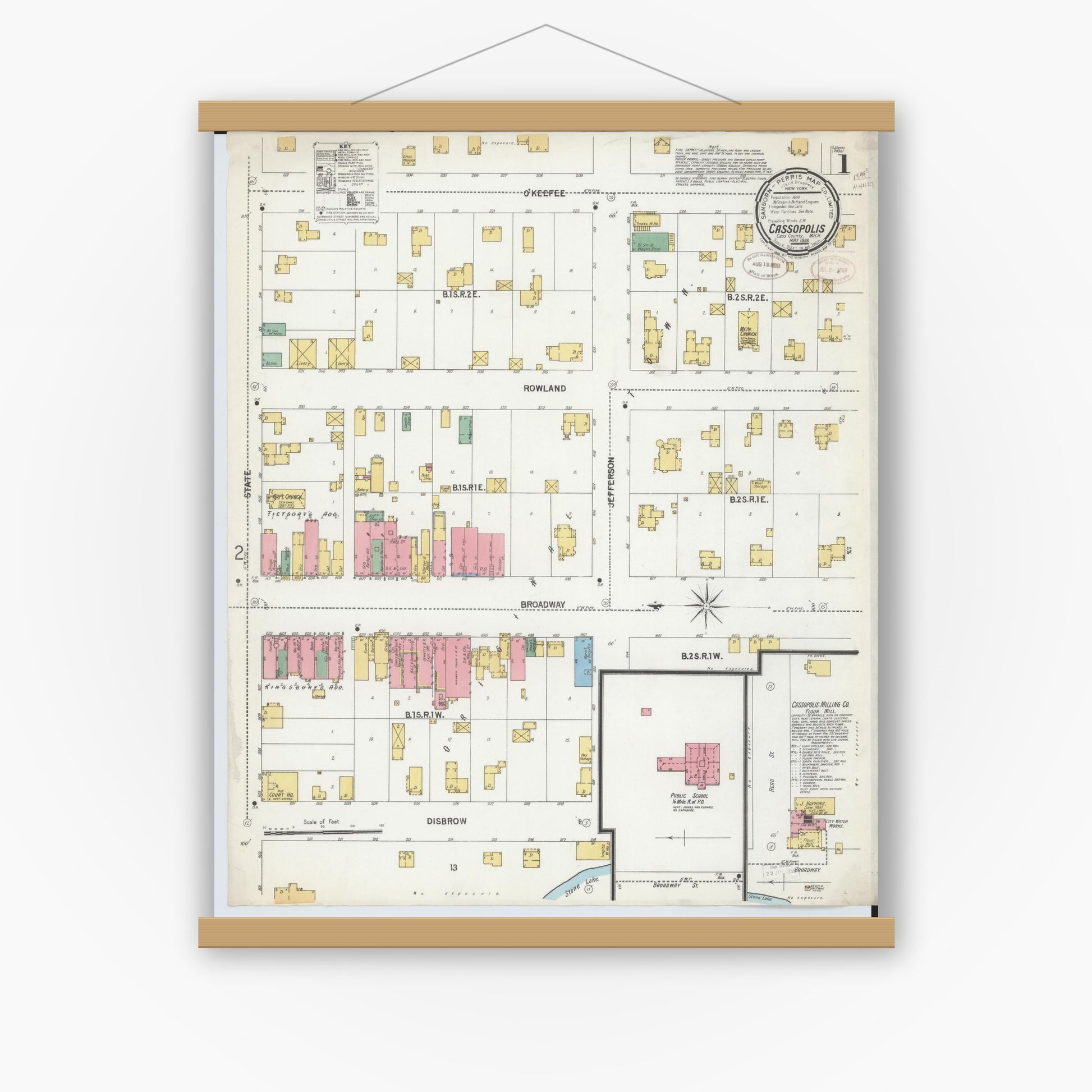 Old map wall art mockup — magnetic wood frame on white wall — Sanborn Fire Insurance Map from Cassopolis, Cass County, Michigan (1899) - Complete Map Set
