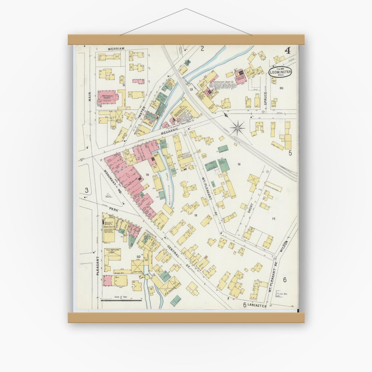 Old map wall art mockup — magnetic wood frame on white wall — Sanborn Fire Insurance Map from Leominster, Worcester County, Massachusetts (1896), Sheet #0004