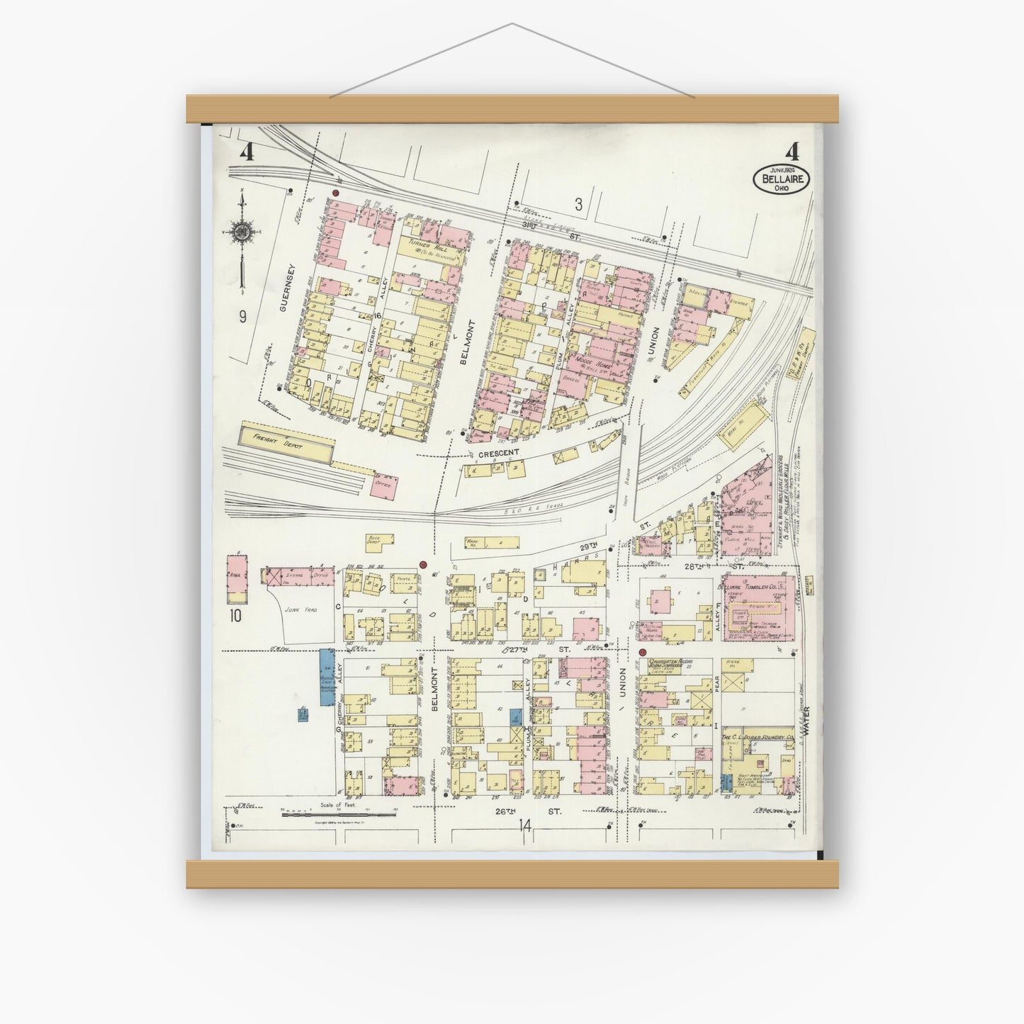 Old map wall art mockup — magnetic wood frame on white wall — Sanborn Fire Insurance Map from Bellaire, Belmont County, Ohio (1924), Sheet #0004