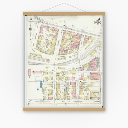 Old map wall art mockup — magnetic wood frame on white wall — Sanborn Fire Insurance Map from Bellaire, Belmont County, Ohio (1924), Sheet #0004