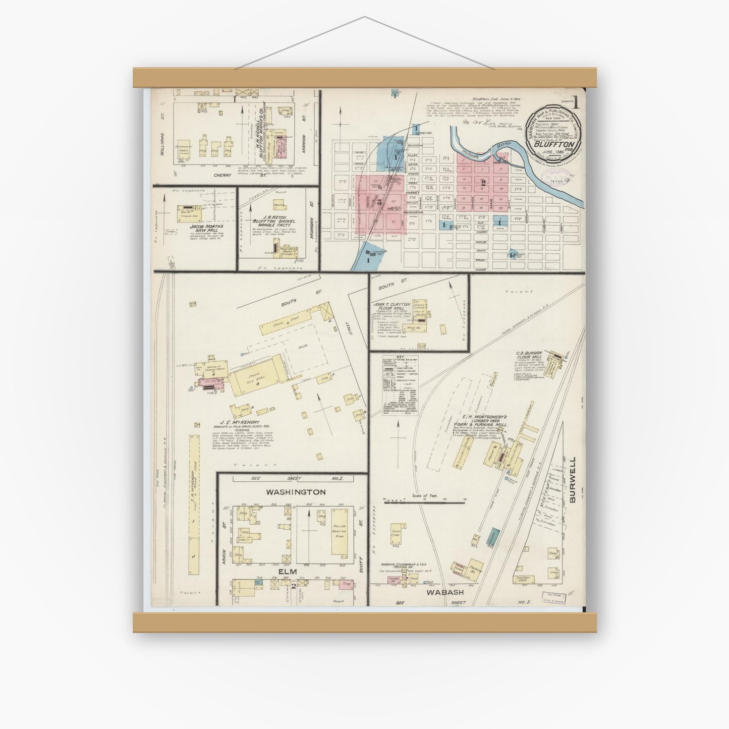 Old map wall art mockup — magnetic wood frame on white wall — Sanborn Fire Insurance Map from Bluffton, Wells County, Indiana (1885) - Complete Map Set