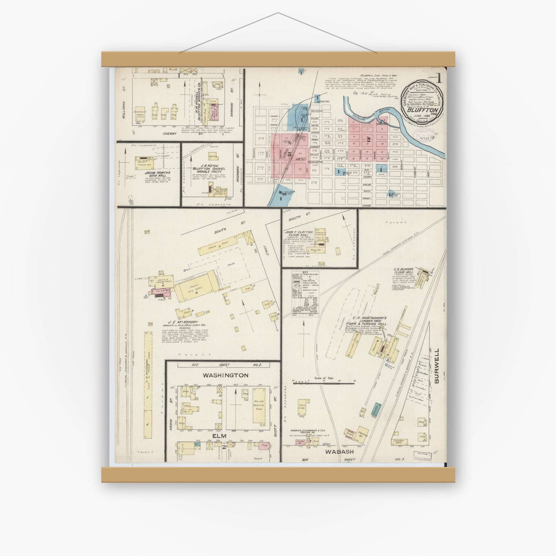 Old map wall art mockup — magnetic wood frame on white wall — Sanborn Fire Insurance Map from Bluffton, Wells County, Indiana (1885) - Complete Map Set