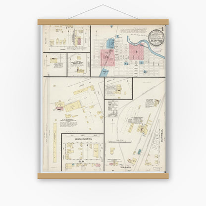 Old map wall art mockup — magnetic wood frame on white wall — Sanborn Fire Insurance Map from Bluffton, Wells County, Indiana (1885) - Complete Map Set