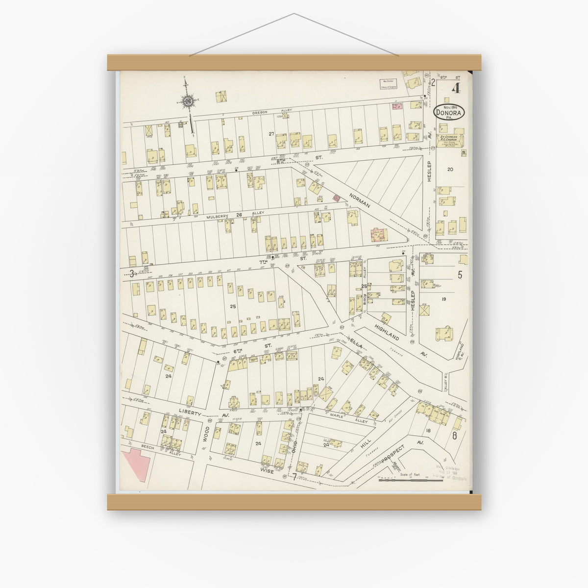 Old map wall art mockup — magnetic wood frame on white wall — Sanborn Fire Insurance Map from Donora, Washington County, Pennsylvania (1914), Sheet #0004