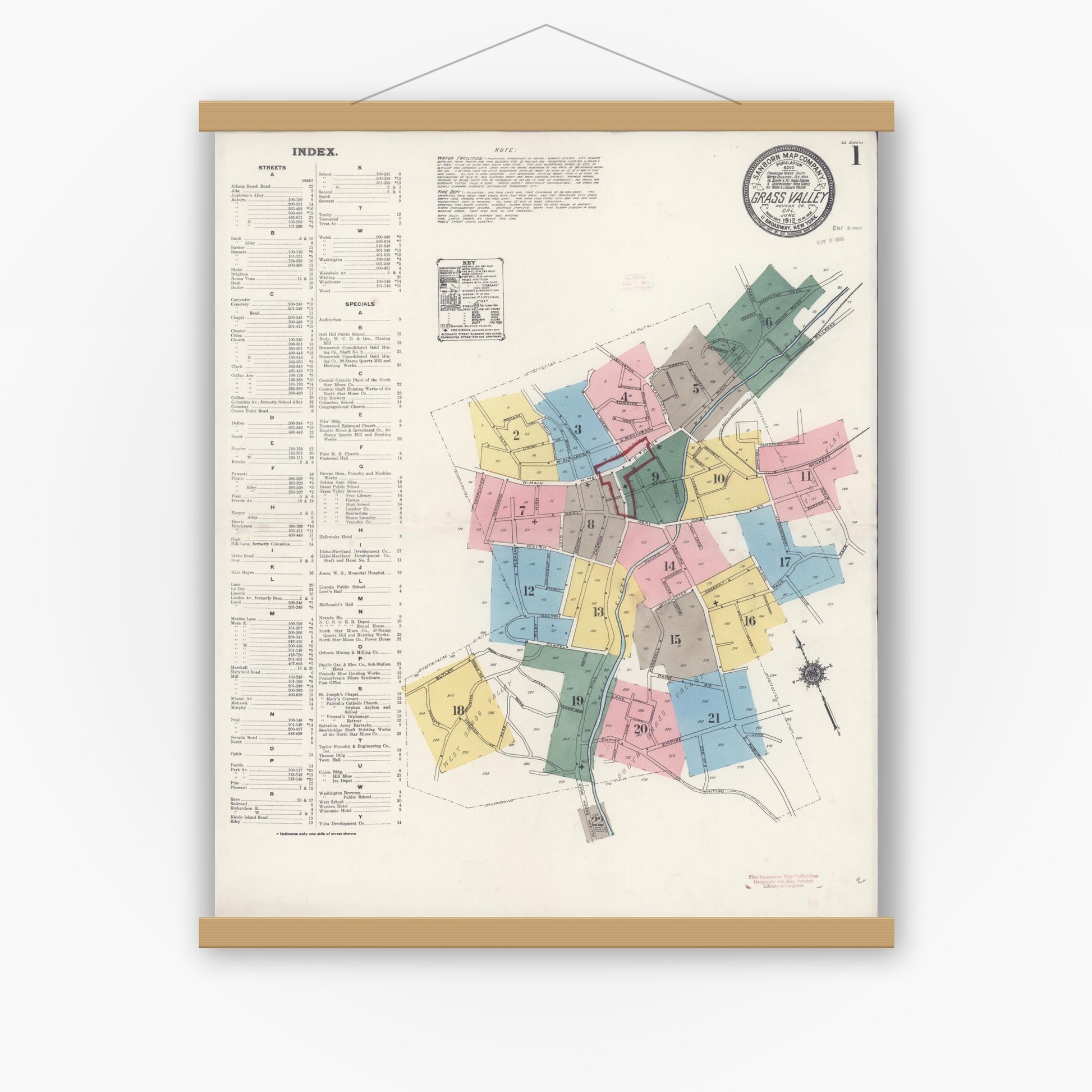 Old map wall art mockup — magnetic wood frame on white wall — Sanborn Fire Insurance Map from Grass Valley, Nevada County, California (1912) - Complete Map Set