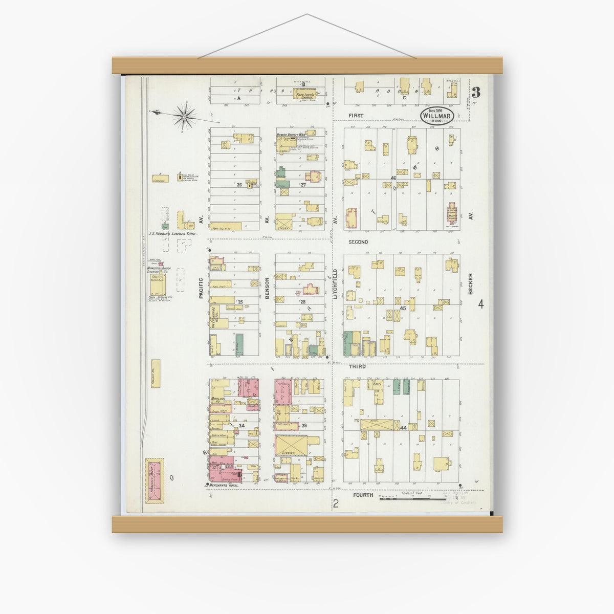 Old map wall art mockup — magnetic wood frame on white wall — Sanborn Fire Insurance Map from Willmar, Kandiyohi County, Minnesota (1899), Sheet #0003