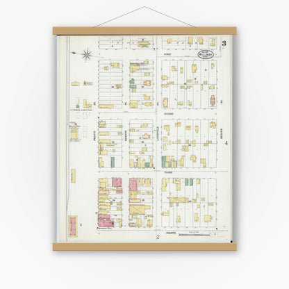 Old map wall art mockup — magnetic wood frame on white wall — Sanborn Fire Insurance Map from Willmar, Kandiyohi County, Minnesota (1899), Sheet #0003