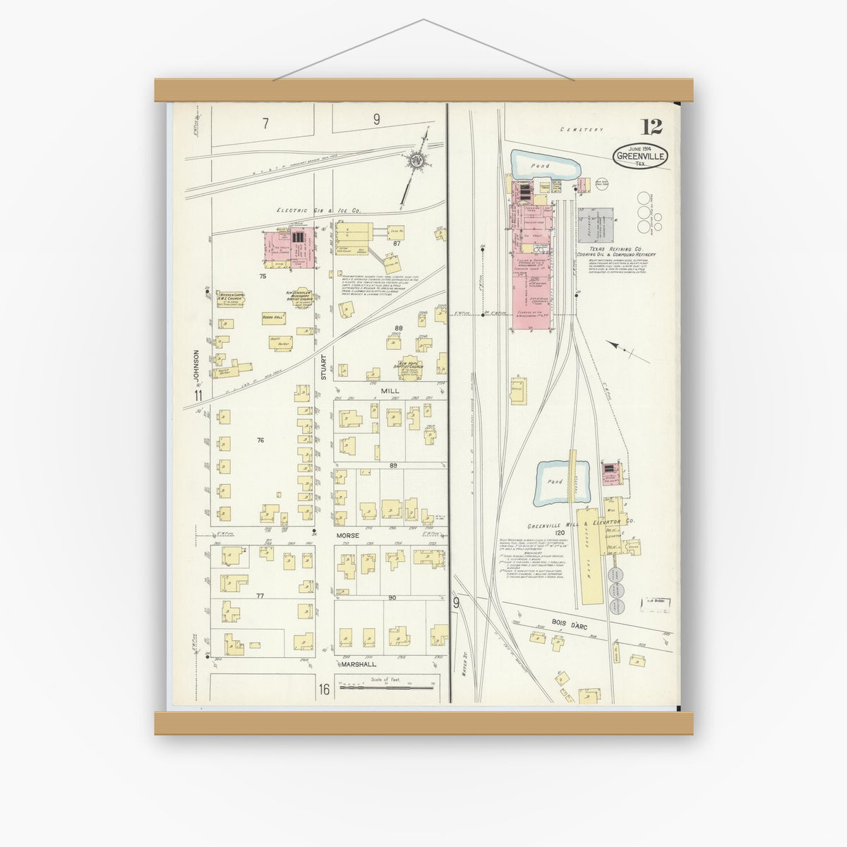 Old map wall art mockup — magnetic wood frame on white wall — Sanborn Fire Insurance Map from Greenville, Hunt County, Texas (1914), Sheet #0012