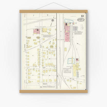 Old map wall art mockup — magnetic wood frame on white wall — Sanborn Fire Insurance Map from Greenville, Hunt County, Texas (1914), Sheet #0012