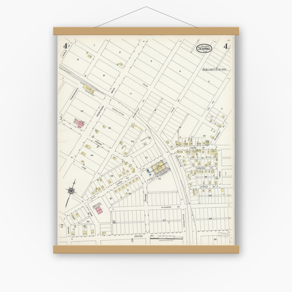 Old map wall art mockup — magnetic wood frame on white wall — Sanborn Fire Insurance Map from Sebring, Highlands County, Florida (1924), Sheet #0004