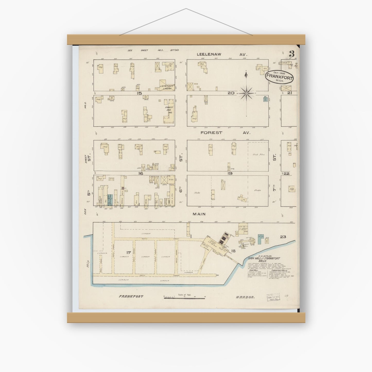 Old map wall art mockup — magnetic wood frame on white wall — Sanborn Fire Insurance Map from Frankfort, Benzie County, Michigan (1885), Sheet #0003