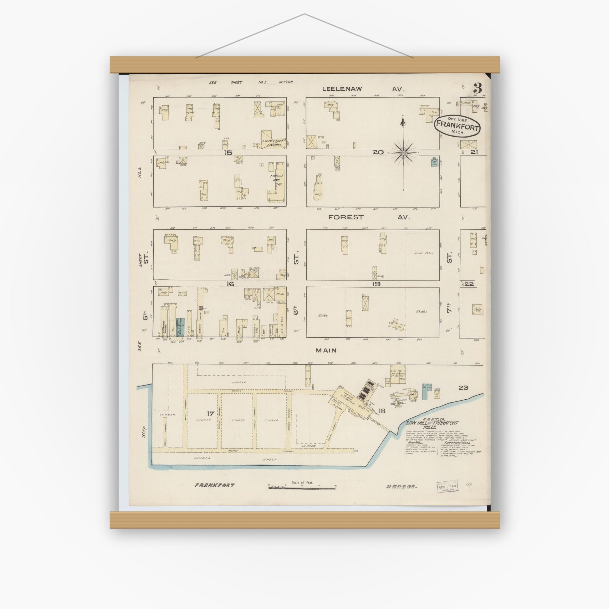 Old map wall art mockup — magnetic wood frame on white wall — Sanborn Fire Insurance Map from Frankfort, Benzie County, Michigan (1885), Sheet #0003
