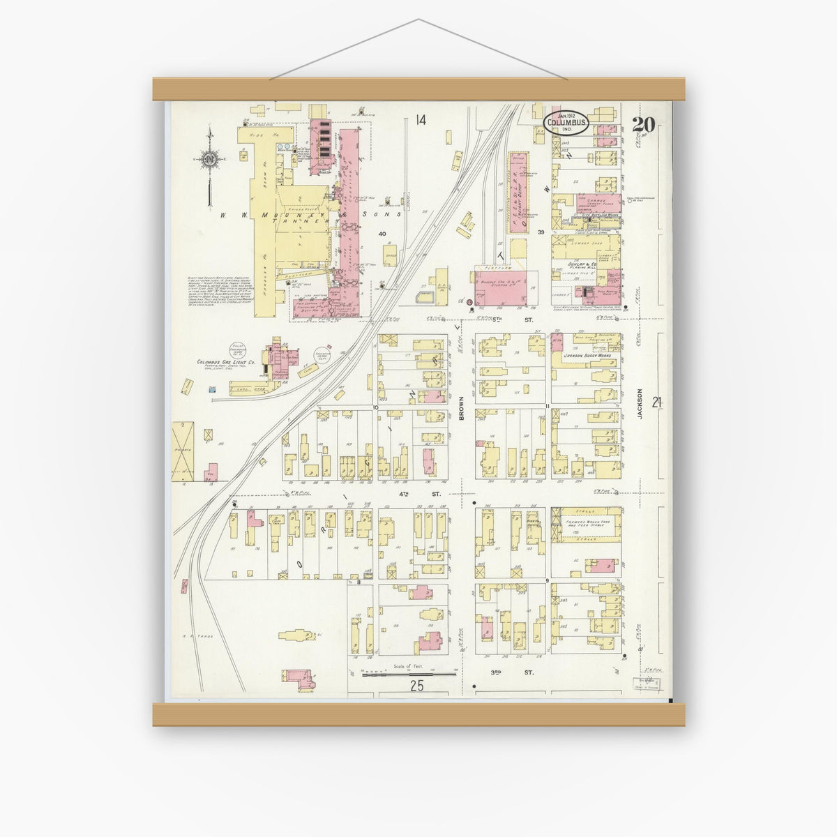 Old map wall art mockup — magnetic wood frame on white wall — Sanborn Fire Insurance Map from Columbus, Bartholomew County, Indiana (1912), Sheet #0020