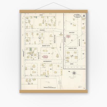 Old map wall art mockup — magnetic wood frame on white wall — Sanborn Fire Insurance Map from Ione, Amador County, California (1891), Sheet #0003