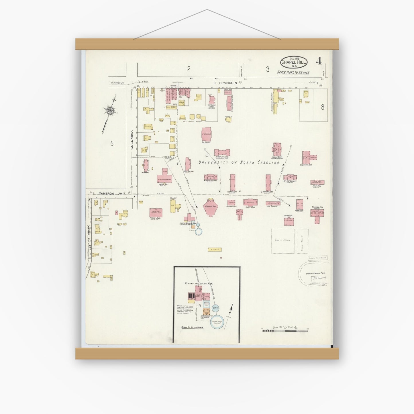 Old map wall art mockup — magnetic wood frame on white wall — Sanborn Fire Insurance Map from Chapel Hill, Orange County, North Carolina (1915), Sheet #0004