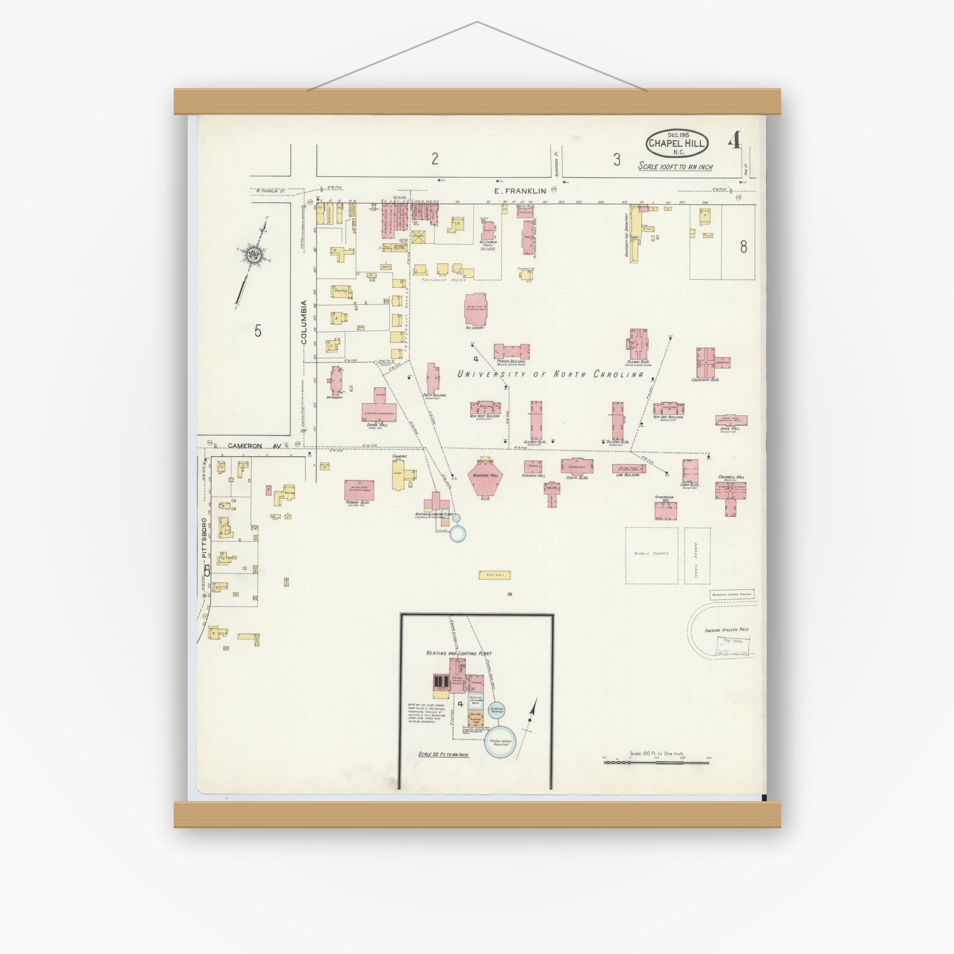 Old map wall art mockup — magnetic wood frame on white wall — Sanborn Fire Insurance Map from Chapel Hill, Orange County, North Carolina (1915), Sheet #0004