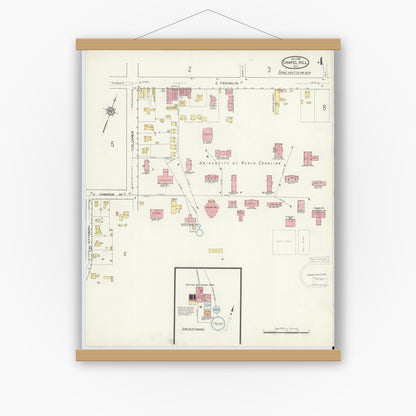 Old map wall art mockup — magnetic wood frame on white wall — Sanborn Fire Insurance Map from Chapel Hill, Orange County, North Carolina (1915), Sheet #0004