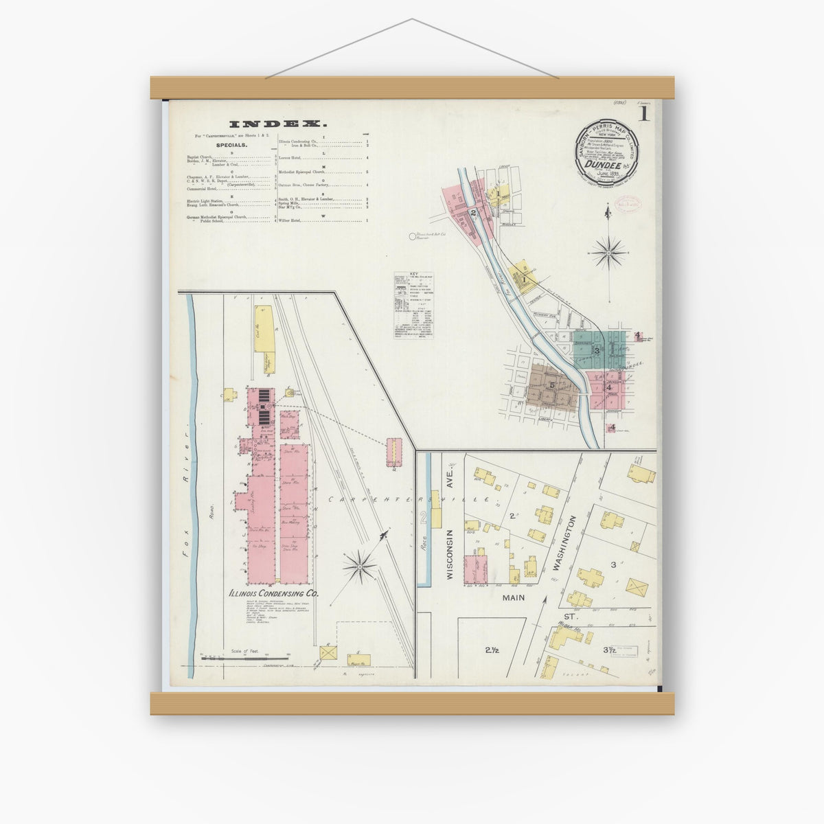 Old map wall art mockup — magnetic wood frame on white wall — Sanborn Fire Insurance Map from Dundee, Kane County, Illinois (1893) - Complete Map Set