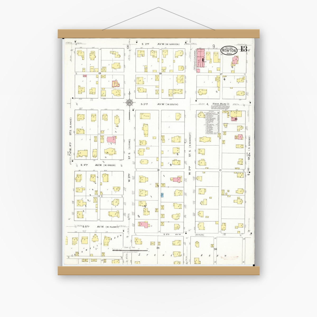 Old map wall art mockup — magnetic wood frame on white wall — Sanborn Fire Insurance Map from Newton, Jasper County, Iowa (1918), Sheet #0013