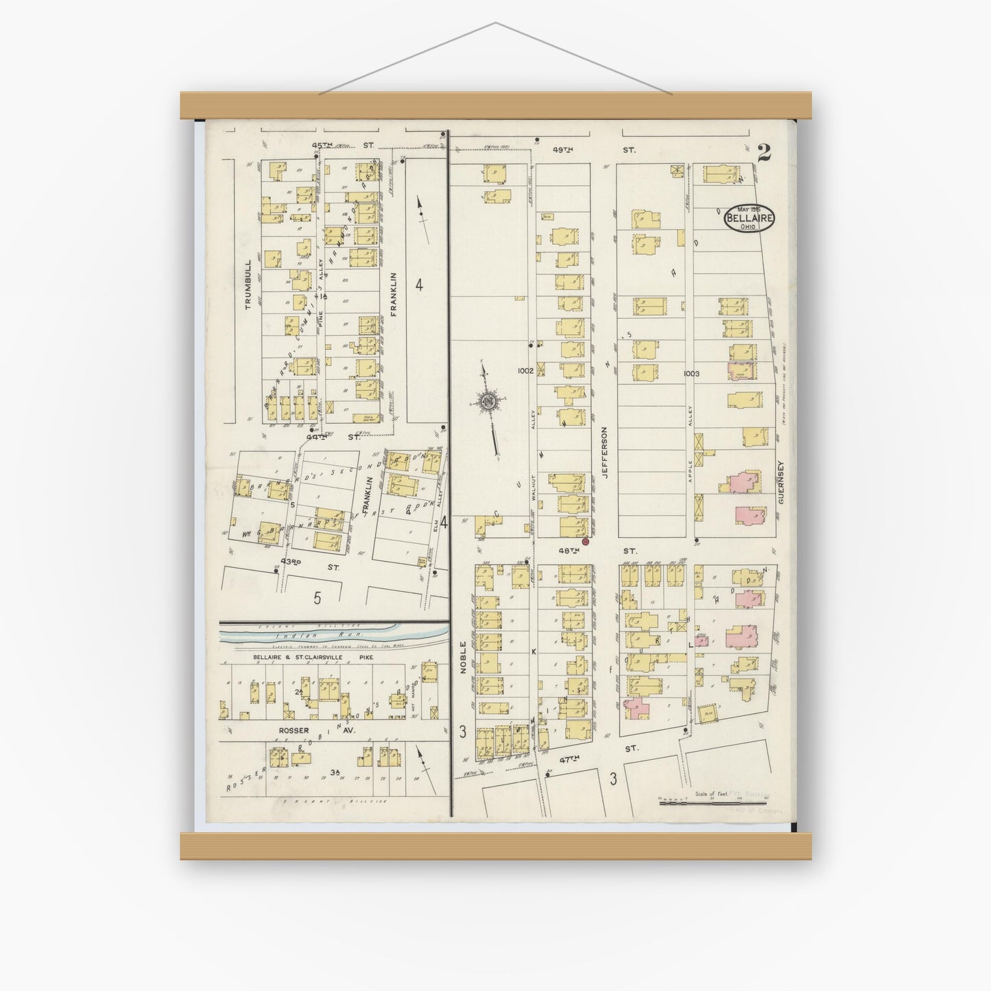 Old map wall art mockup — magnetic wood frame on white wall — Sanborn Fire Insurance Map from Bellaire, Belmont County, Ohio (1915), Sheet #0002