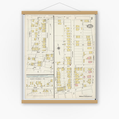 Old map wall art mockup — magnetic wood frame on white wall — Sanborn Fire Insurance Map from Bellaire, Belmont County, Ohio (1915), Sheet #0002