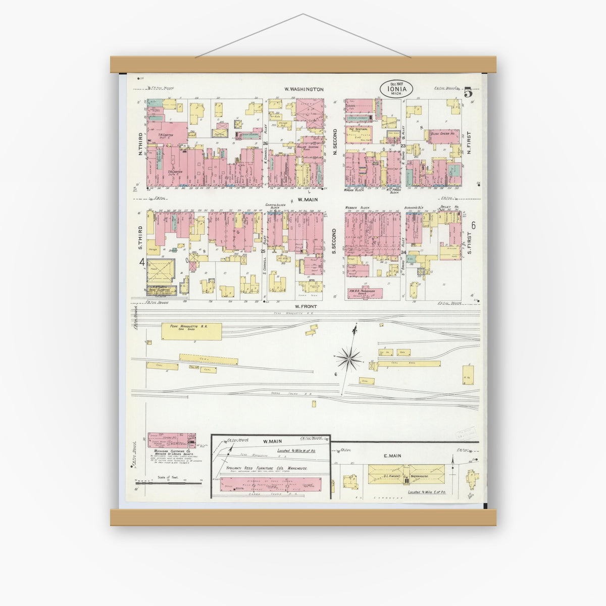 Old map wall art mockup — magnetic wood frame on white wall — Sanborn Fire Insurance Map from Ionia, Ionia County, Michigan (1907), Sheet #0005