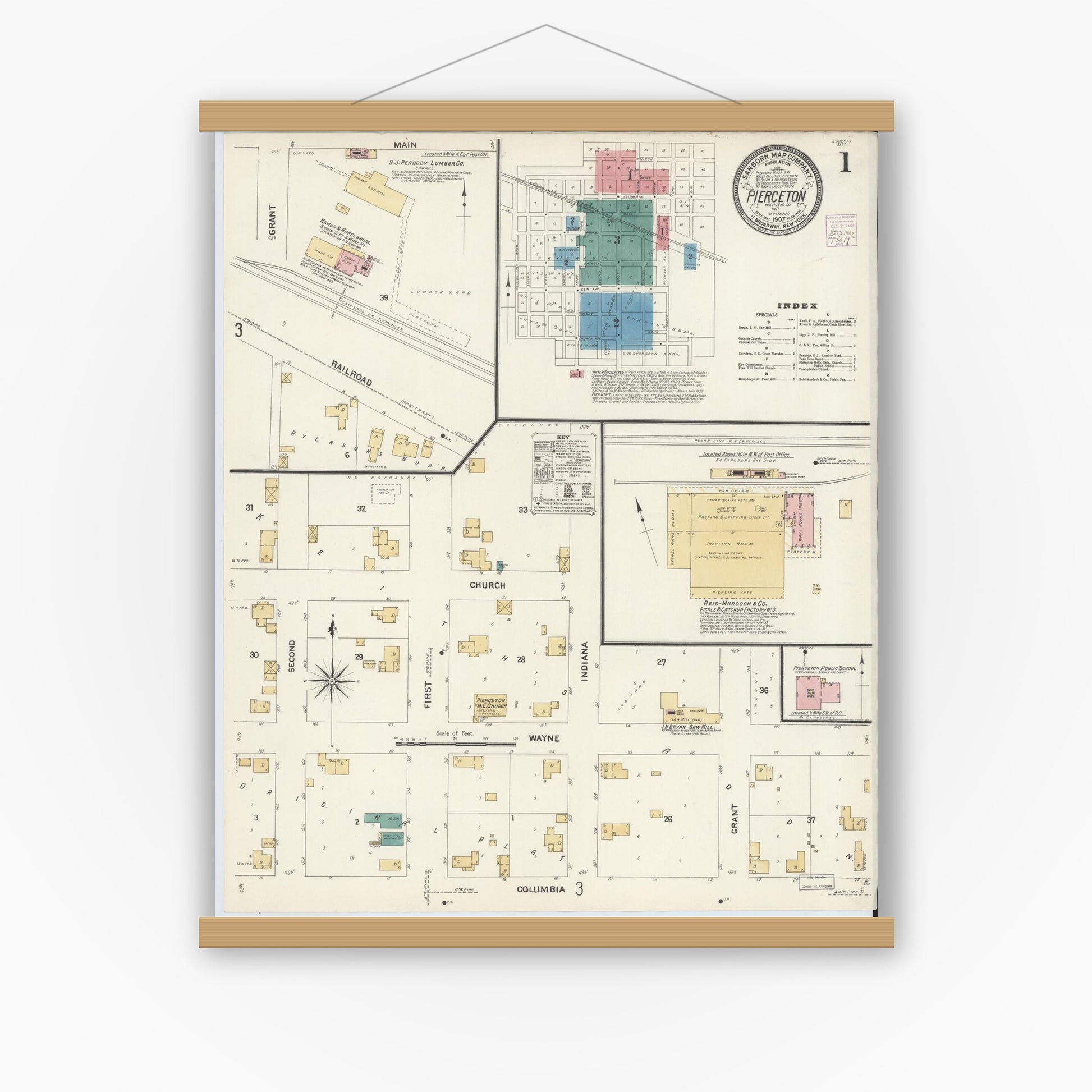 Old map wall art mockup — magnetic wood frame on white wall — Sanborn Fire Insurance Map from Pierceton, Kosciusko County, Indiana (1907) - Complete Map Set