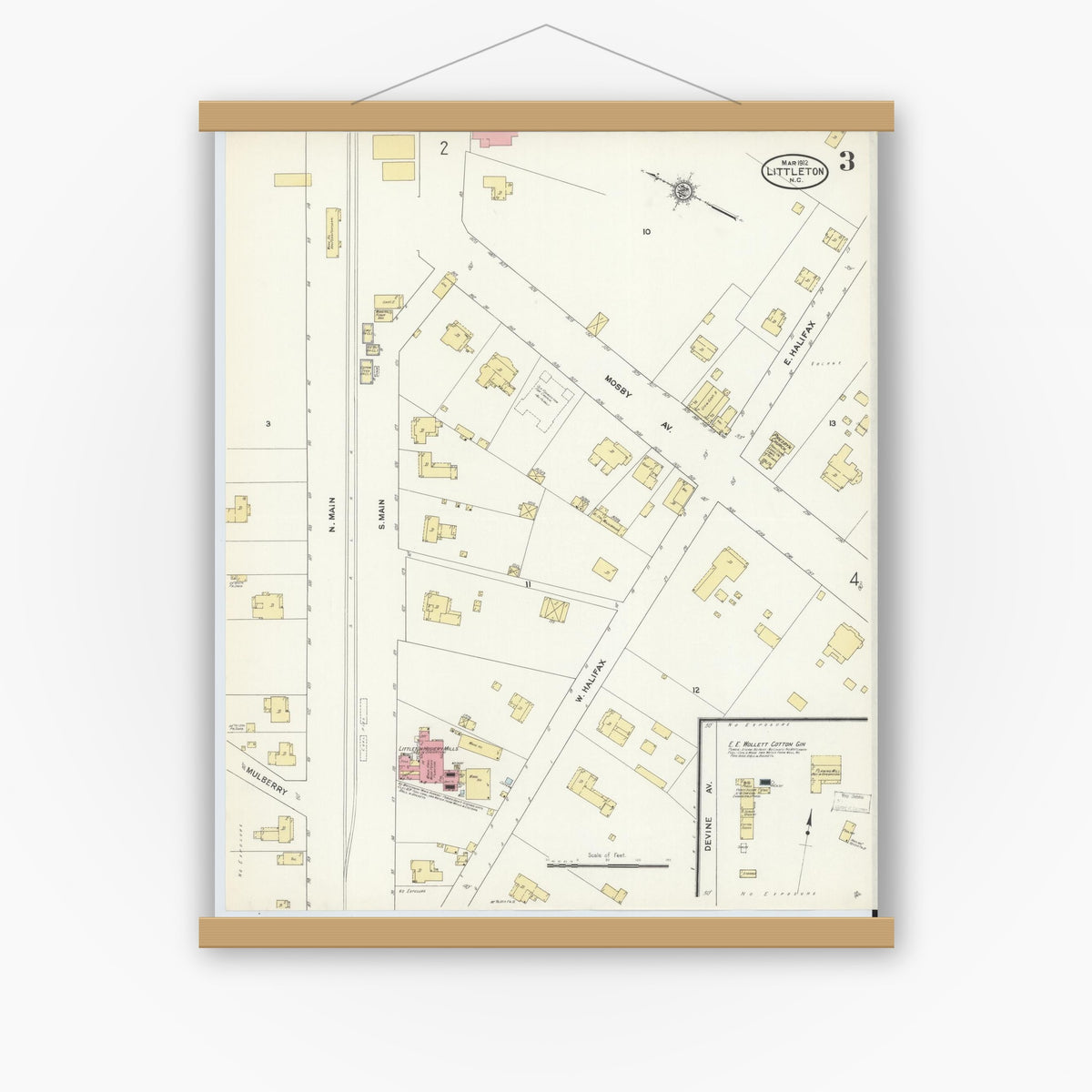 Old map wall art mockup — magnetic wood frame on white wall — Sanborn Fire Insurance Map from Littleton, Halifax And Warren County, North Carolina (1912), Sheet #0003