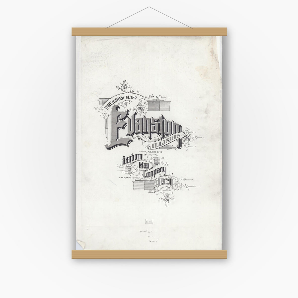 Old map wall art mockup — magnetic wood frame on white wall — Sanborn Fire Insurance Map from Evanston, Cook County, Illinois (1920), Sheet #0001