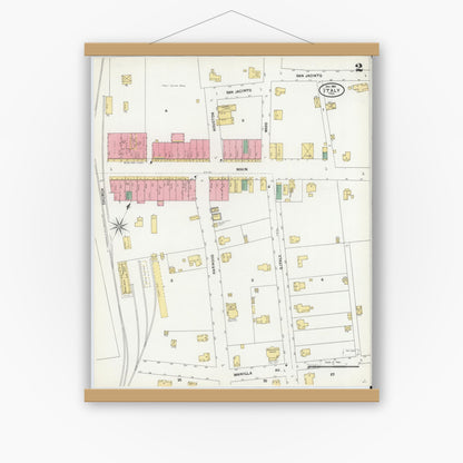 Old map wall art mockup — magnetic wood frame on white wall — Sanborn Fire Insurance Map from Italy, Ellis County, Texas (1904), Sheet #0002